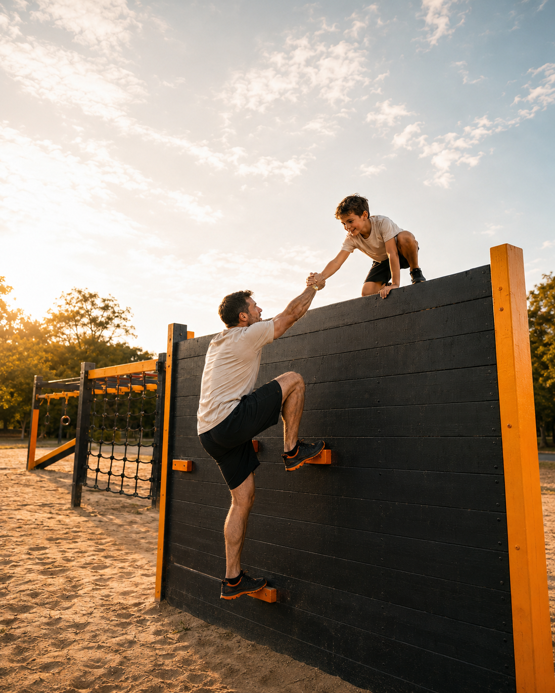 A child reaching down to help a parent climb an outdoor obstacle wall